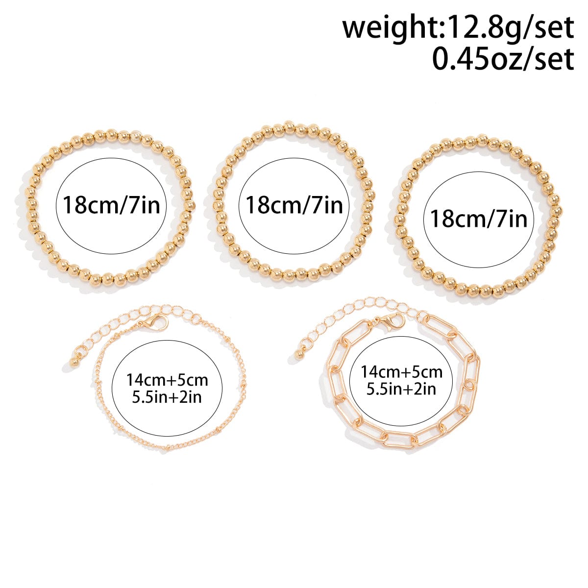 Geometric 5pcs Gold Silver Plated Ball Cable Chain Bracelet Set - ArtGalleryZen