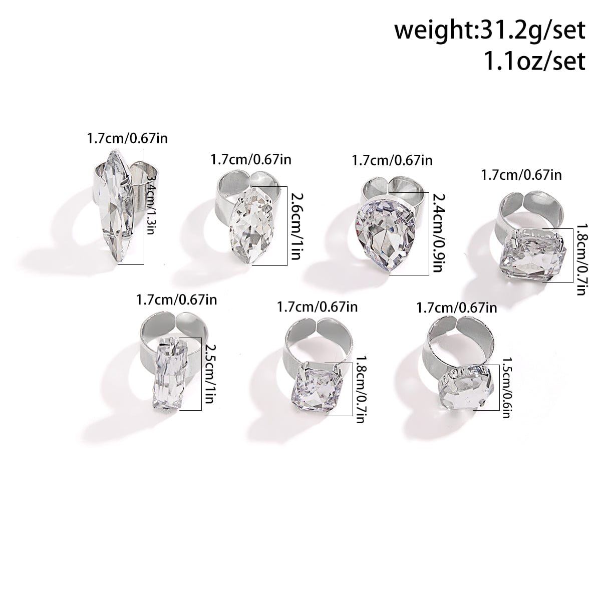 Geometric 7 Pieces Chunky Squar Waterdrop Crystal Rings Set - ArtGalleryZen