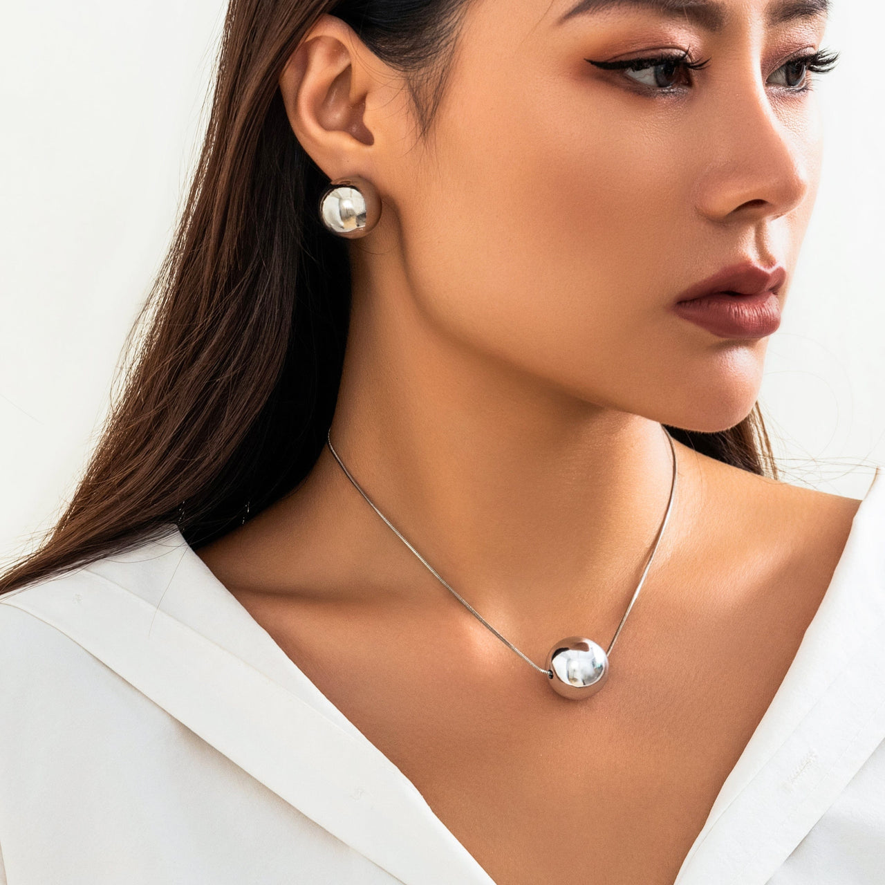 Geometric Chunky Ball Charm Choker Necklace Earrings Set - ArtGalleryZen