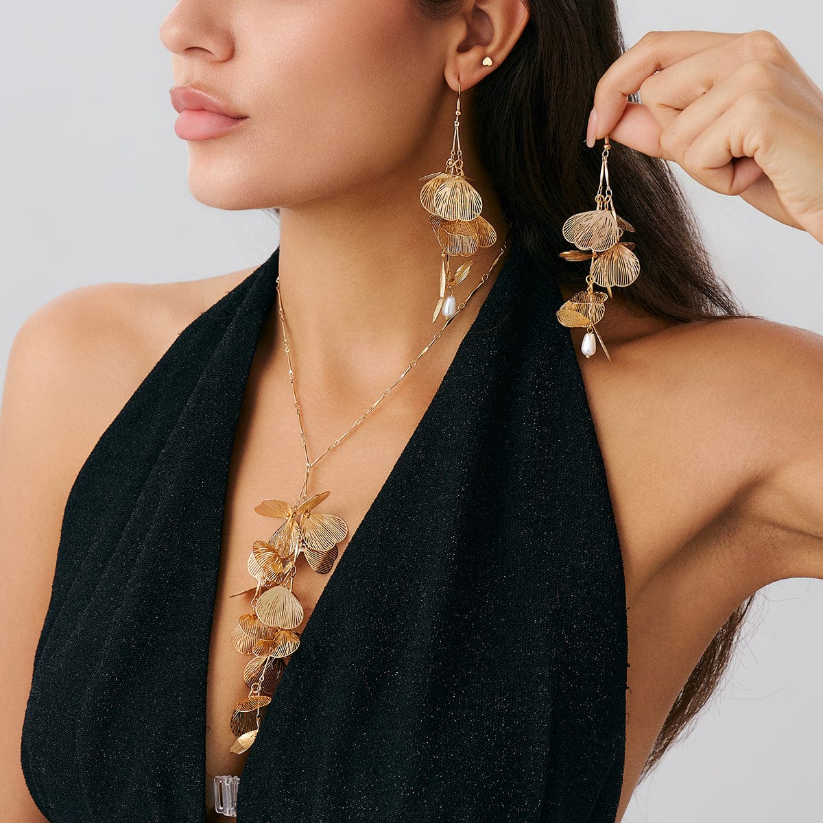 Geometric Chunky Leaf Pendant Y Necklace Earrings Set - ArtGalleryZen