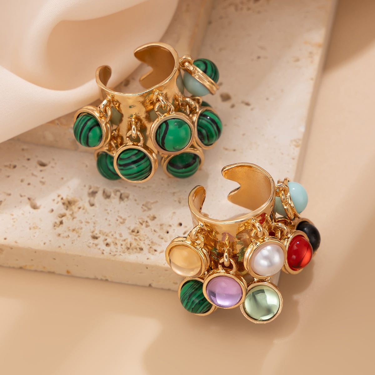 Geometric Chunky Malachite Crystal Pearl Inlaid Tassel Open Ring - ArtGalleryZen