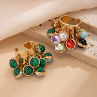 Thumbnail for Geometric Chunky Malachite Crystal Pearl Inlaid Tassel Open Ring - ArtGalleryZen