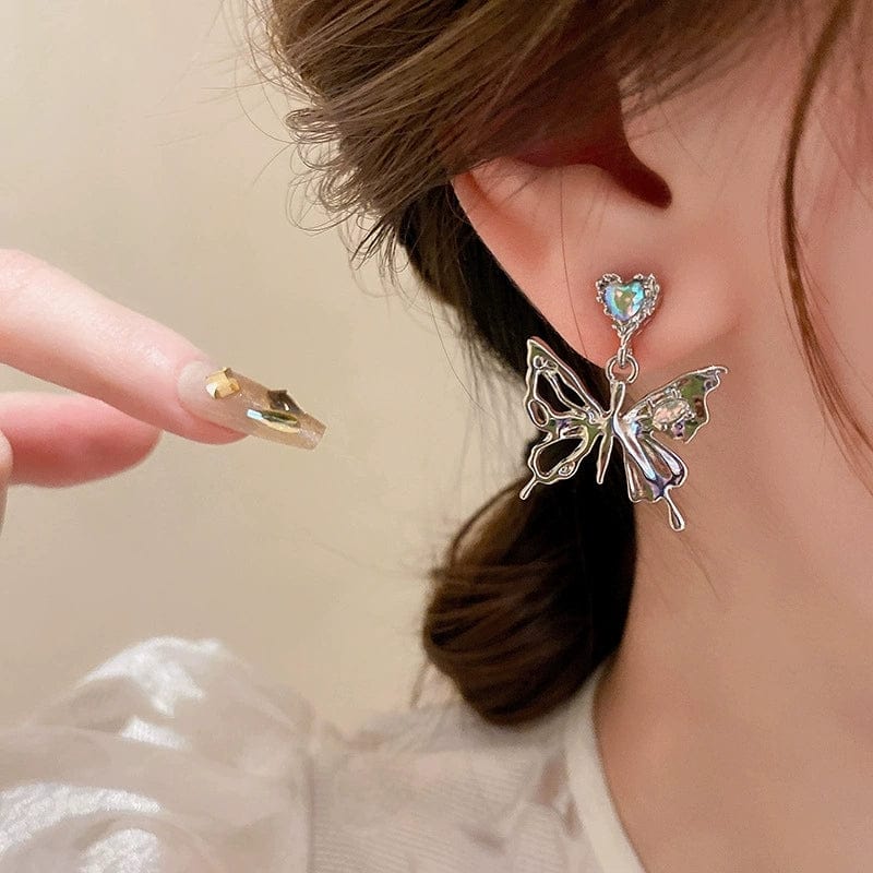 Geometric Crystal Inlaid Dangling Butterfly Earrings - ArtGalleryZen