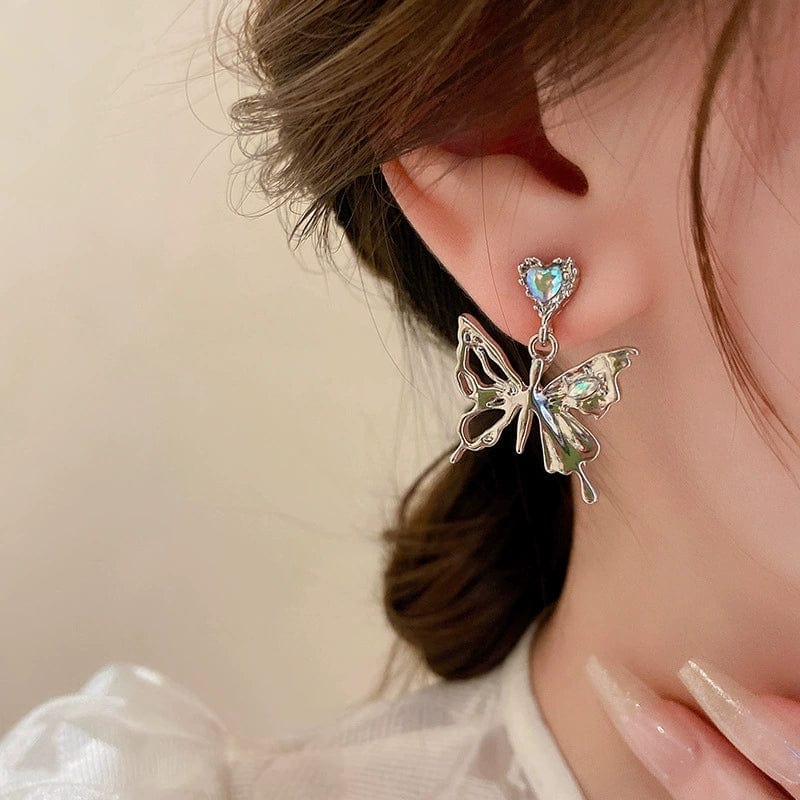 Geometric Crystal Inlaid Dangling Butterfly Earrings - ArtGalleryZen