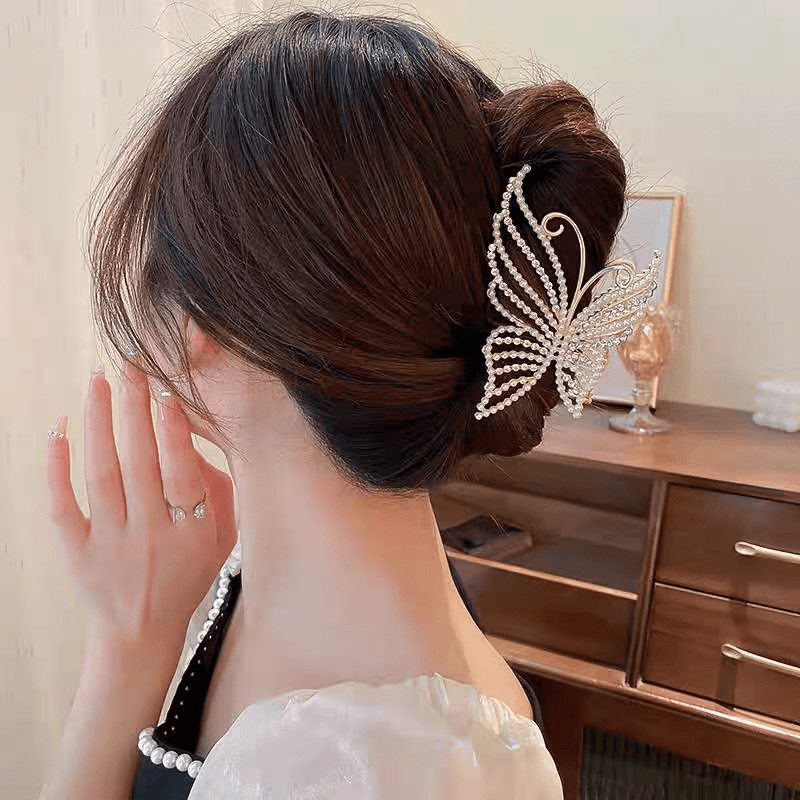 Geometric Crystal Pearl Inlaid Butterfly Chignon Claw Clip Hair Clip - ArtGalleryZen