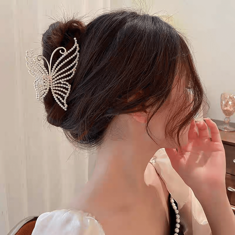 Geometric Crystal Pearl Inlaid Butterfly Chignon Claw Clip Hair Clip - ArtGalleryZen