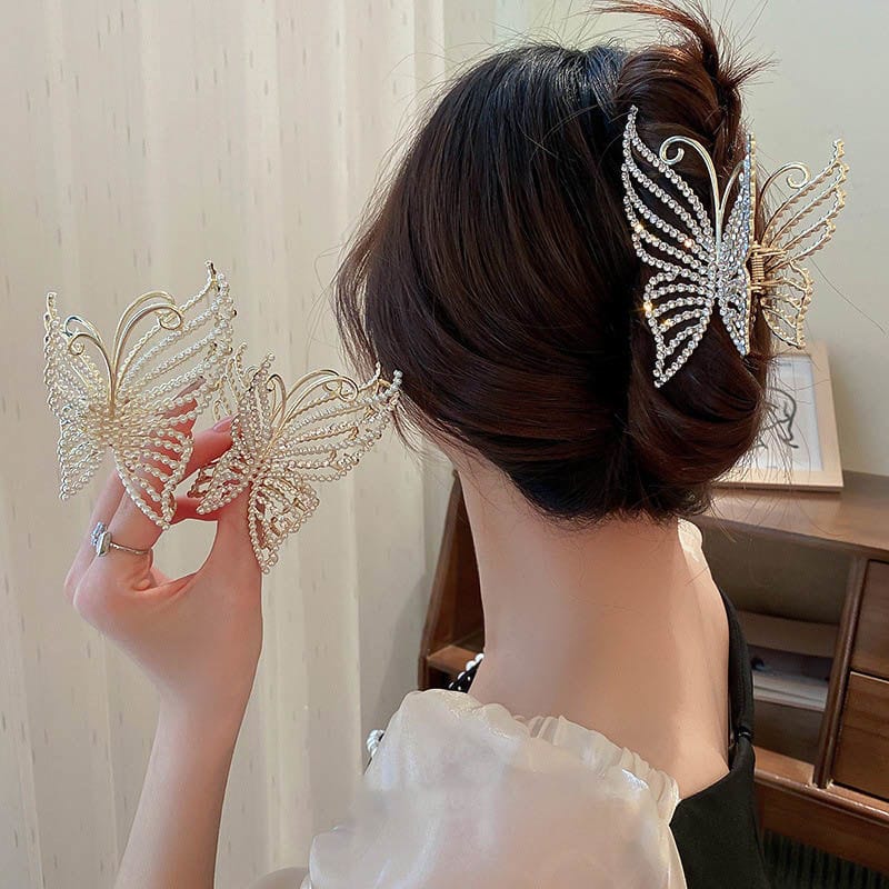 Geometric Crystal Pearl Inlaid Butterfly Chignon Claw Clip Hair Clip - ArtGalleryZen