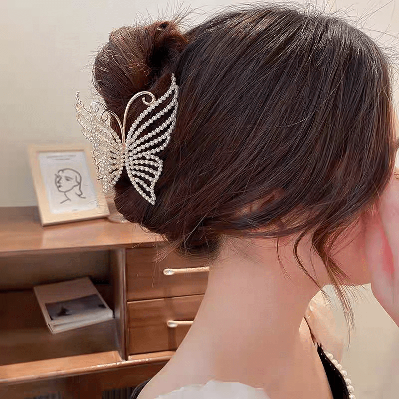 Geometric Crystal Pearl Inlaid Butterfly Chignon Claw Clip Hair Clip - ArtGalleryZen