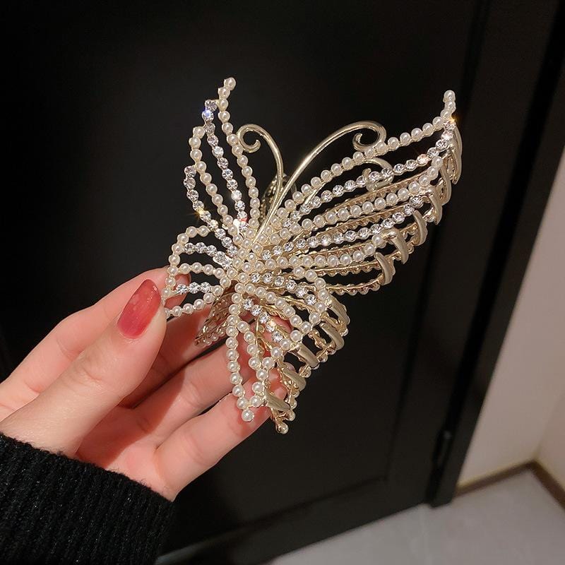 Geometric Crystal Pearl Inlaid Butterfly Chignon Claw Clip Hair Clip - ArtGalleryZen