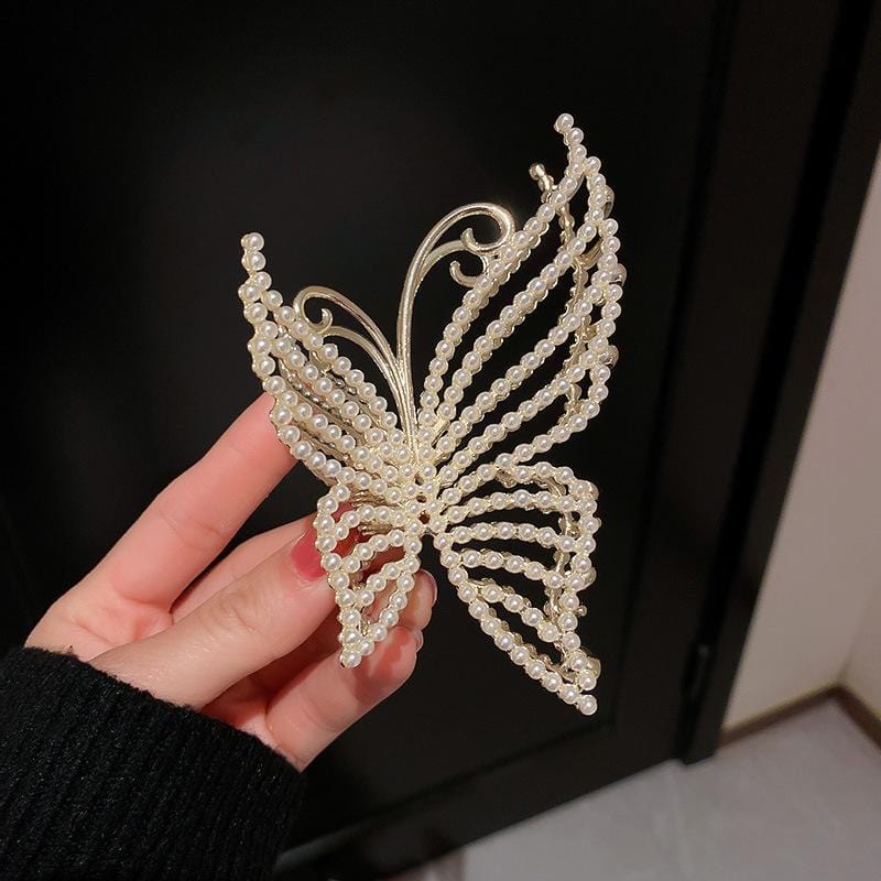 Geometric Crystal Pearl Inlaid Butterfly Chignon Claw Clip Hair Clip - ArtGalleryZen