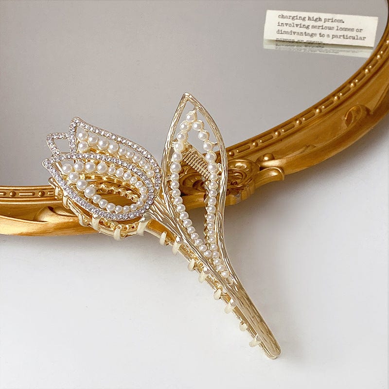 Geometric Crystal Pearl Inlaid Tulip Chignon Claw Clip Hair Clip - ArtGalleryZen