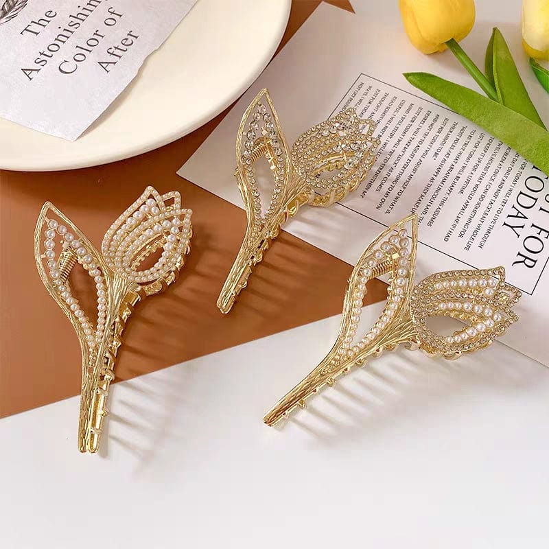 Geometric Crystal Pearl Inlaid Tulip Chignon Claw Clip Hair Clip - ArtGalleryZen