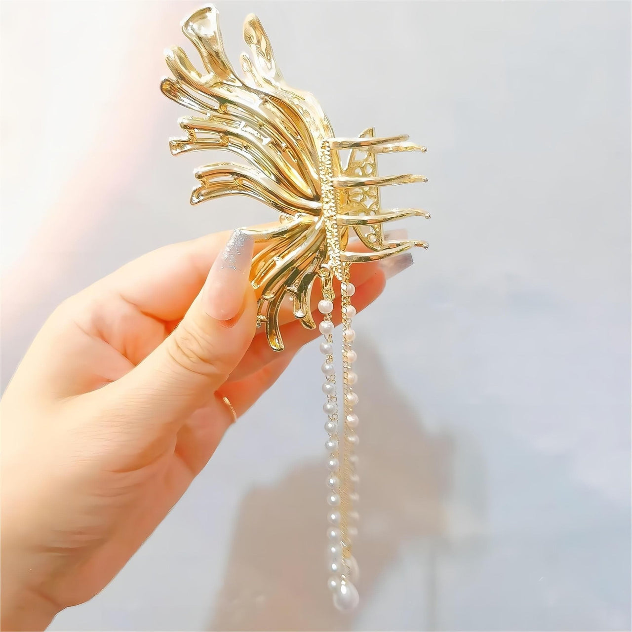 Geometric CZ Inlaid Pearl Chain Tassel Butterfly Chignon Claw Clip Hair Clip - ArtGalleryZen