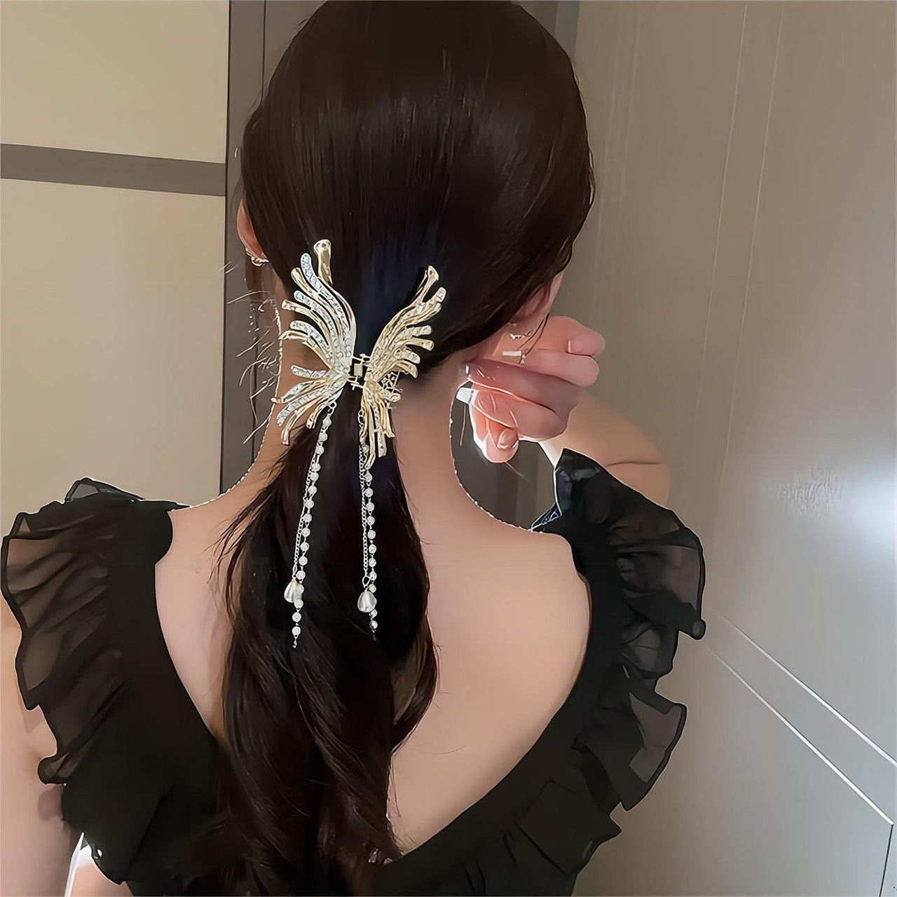Geometric CZ Inlaid Pearl Chain Tassel Butterfly Chignon Claw Clip Hair Clip - ArtGalleryZen