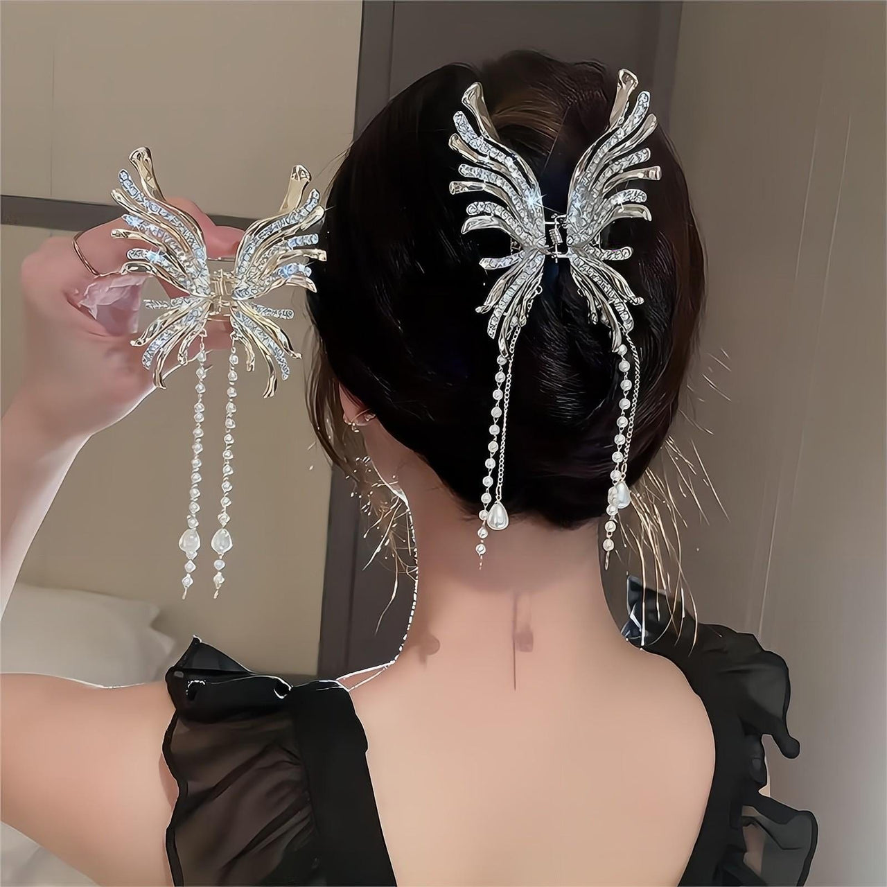 Geometric CZ Inlaid Pearl Chain Tassel Butterfly Chignon Claw Clip Hair Clip - ArtGalleryZen