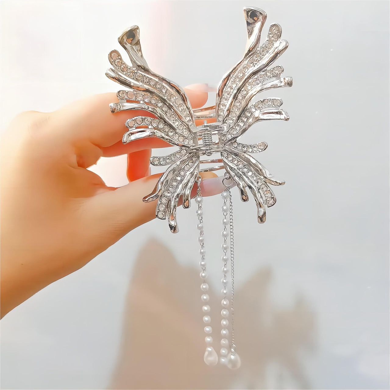 Geometric CZ Inlaid Pearl Chain Tassel Butterfly Chignon Claw Clip Hair Clip - ArtGalleryZen