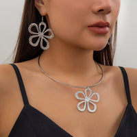 Thumbnail for Geometric Five-Pedal Hollow Flower Pendant Necklace Earrings Set - ArtGalleryZen