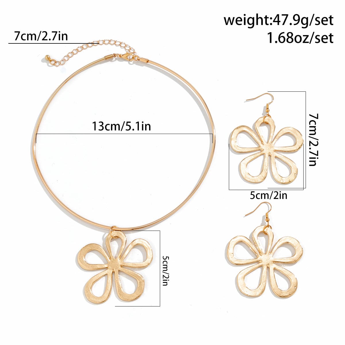 Geometric Five-Pedal Hollow Flower Pendant Necklace Earrings Set - ArtGalleryZen