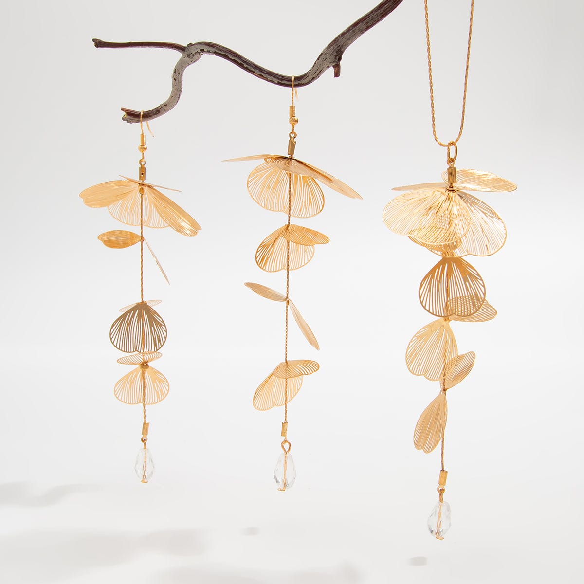 Geometric Gold Silver Tone Leaf Crystal Pendant Y Necklace Earrings Set - ArtGalleryZen