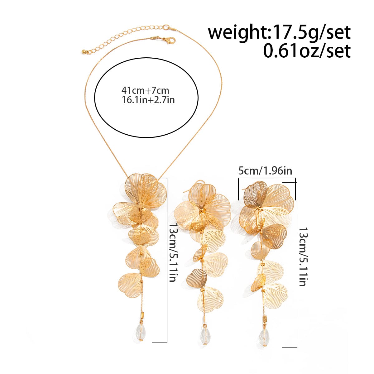 Geometric Gold Silver Tone Leaf Crystal Pendant Y Necklace Earrings Set - ArtGalleryZen