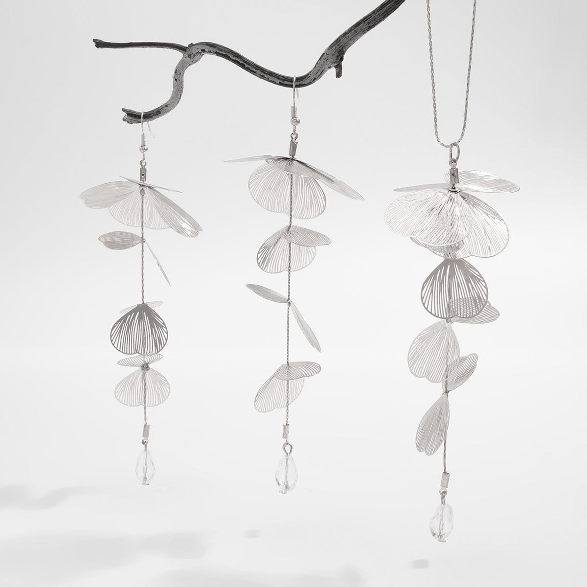 Geometric Gold Silver Tone Leaf Crystal Pendant Y Necklace Earrings Set - ArtGalleryZen