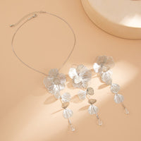 Thumbnail for Geometric Gold Silver Tone Leaf Crystal Pendant Y Necklace Earrings Set - ArtGalleryZen