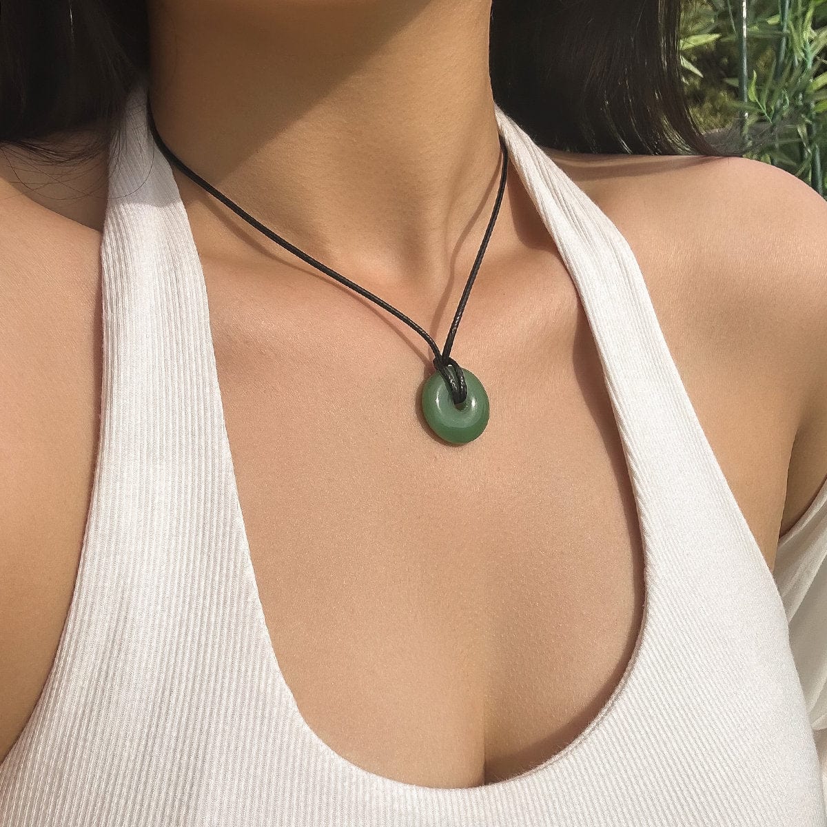 Geometric Jade Pendant Faux Leather String Choker Necklace - ArtGalleryZen