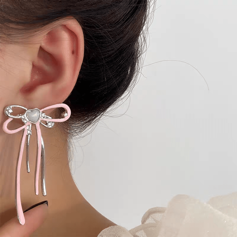 Geometric Pink Ribbon Dangle Earrings - ArtGalleryZen