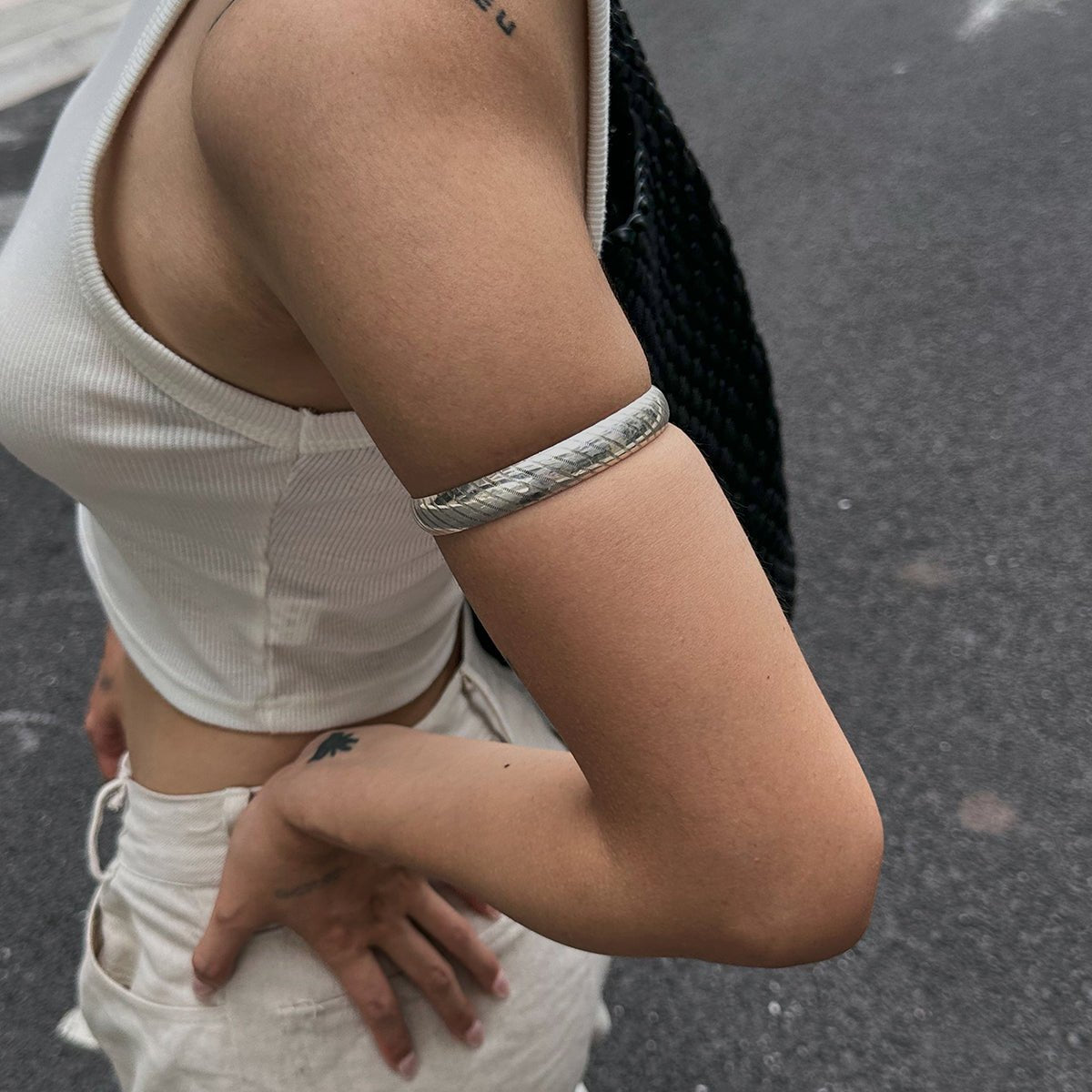 Geometric Silver Plated Striped Arm Cuff - ArtGalleryZen