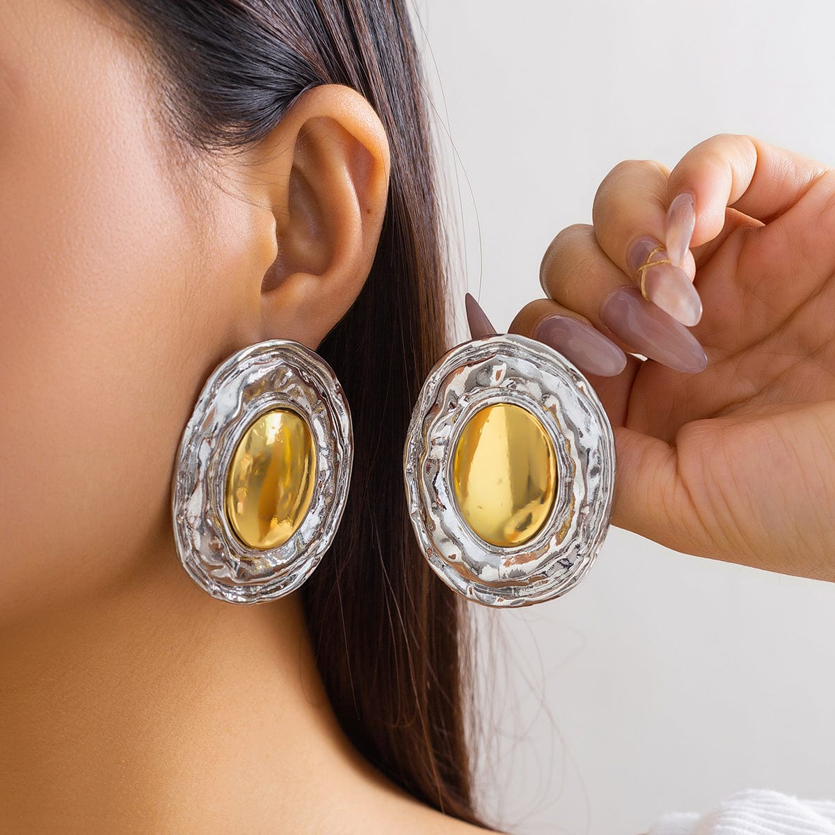 Geometric Two Tone Metal Glossy Oval Earrings - ArtGalleryZen
