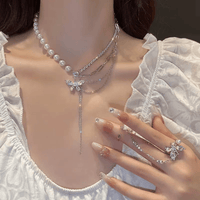 Thumbnail for Glitter Layered Crystal Inlaid Butterfly Pearl Chain Y Necklace Ring Set - ArtGalleryZen