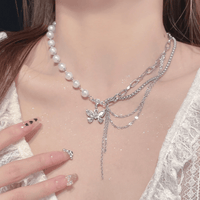 Thumbnail for Glitter Layered Crystal Inlaid Butterfly Pearl Chain Y Necklace Ring Set - ArtGalleryZen