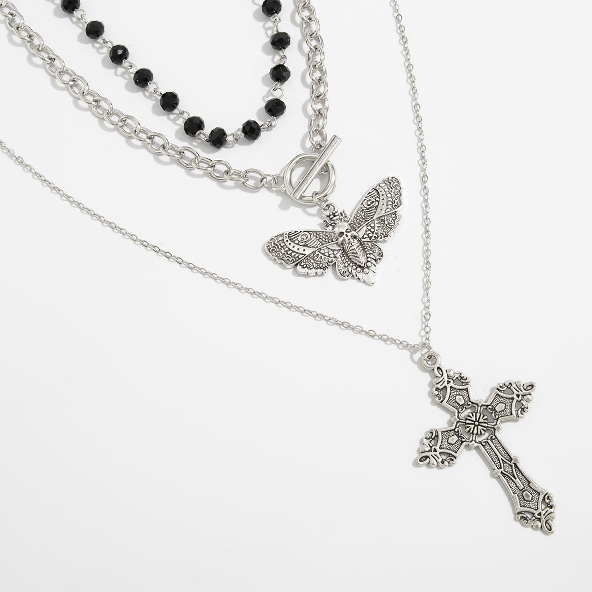 Gothic 3pcs Cross Skull Butterfly Pendant Crystal Chain Necklace Set - ArtGalleryZen