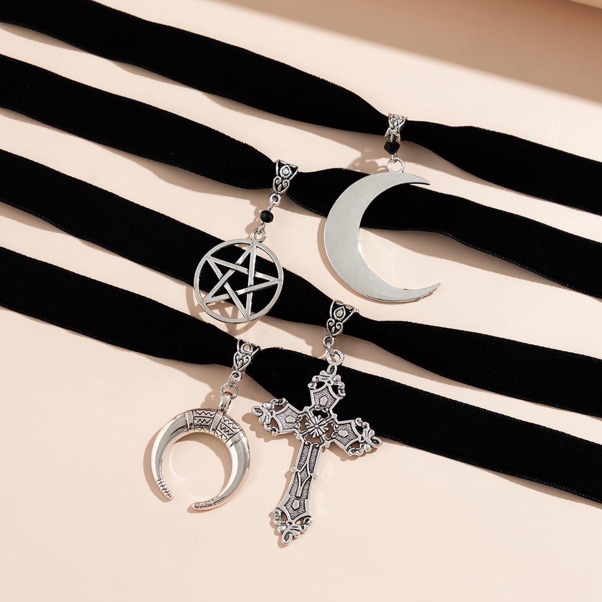 Gothic 4pcs Moon Cross Round Star Pendant Velvet Choker Necklace Set - ArtGalleryZen