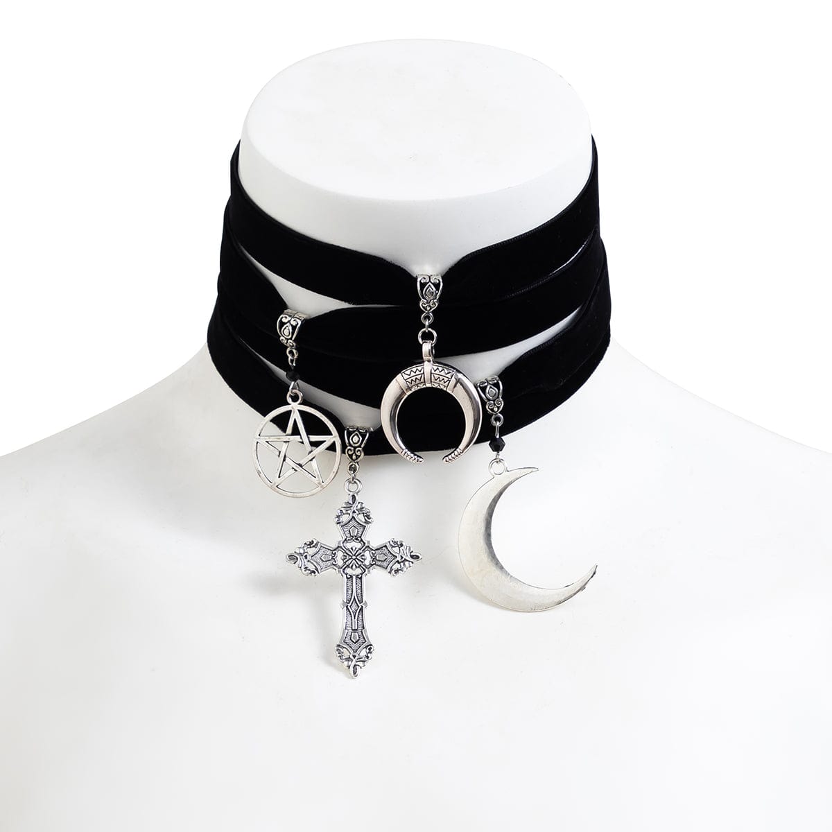 Gothic 4pcs Moon Cross Round Star Pendant Velvet Choker Necklace Set - ArtGalleryZen