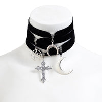 Thumbnail for Gothic 4pcs Moon Cross Round Star Pendant Velvet Choker Necklace Set - ArtGalleryZen
