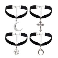 Thumbnail for Gothic 4pcs Moon Cross Round Star Pendant Velvet Choker Necklace Set - ArtGalleryZen
