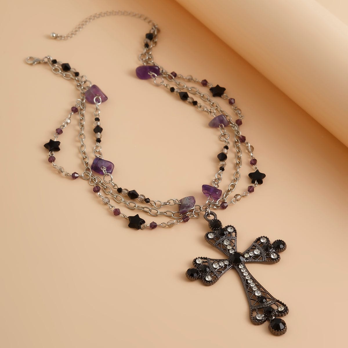 Gothic Layered Cross Pendant Star Crystal Chain Necklace - ArtGalleryZen