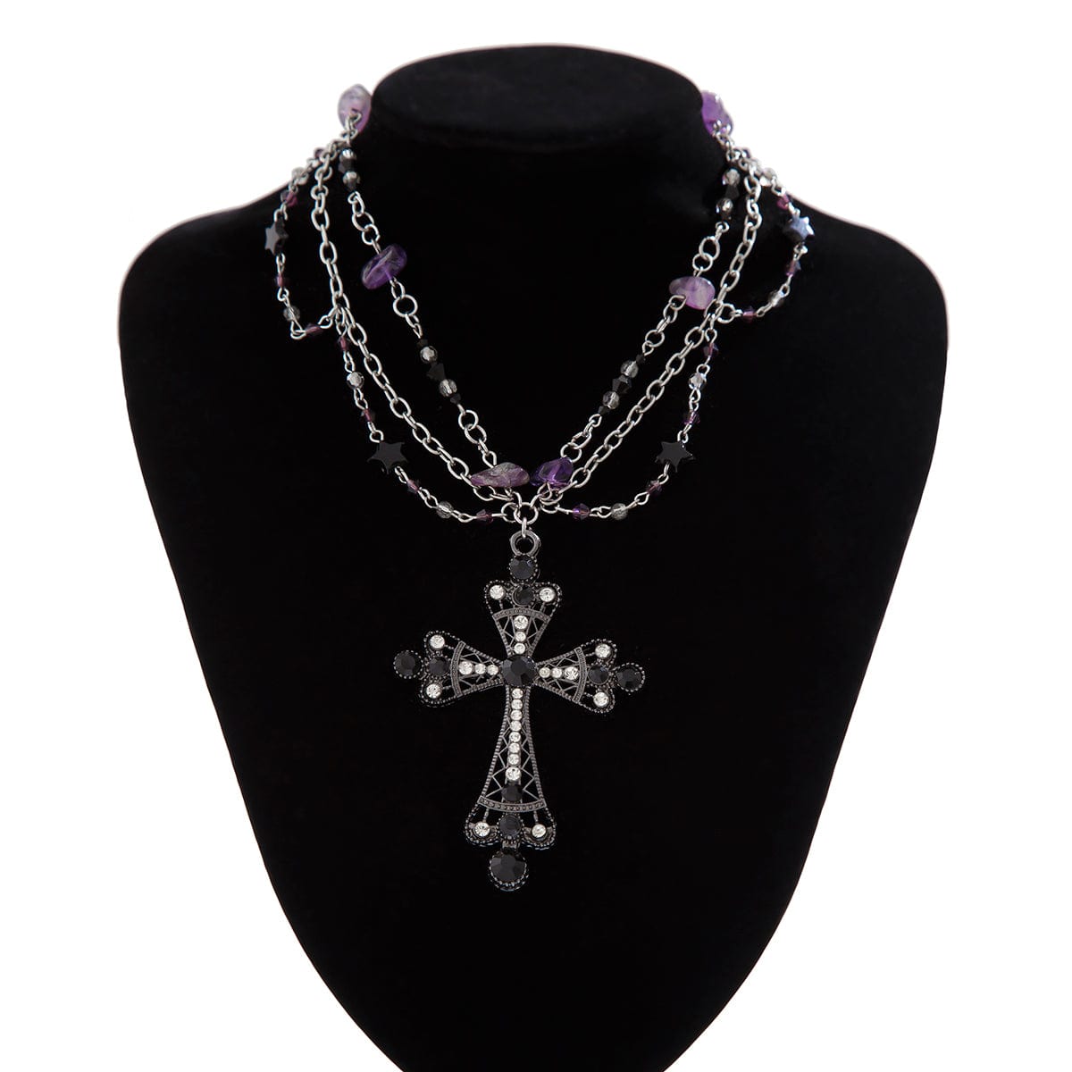 Gothic Layered Cross Pendant Star Crystal Chain Necklace - ArtGalleryZen