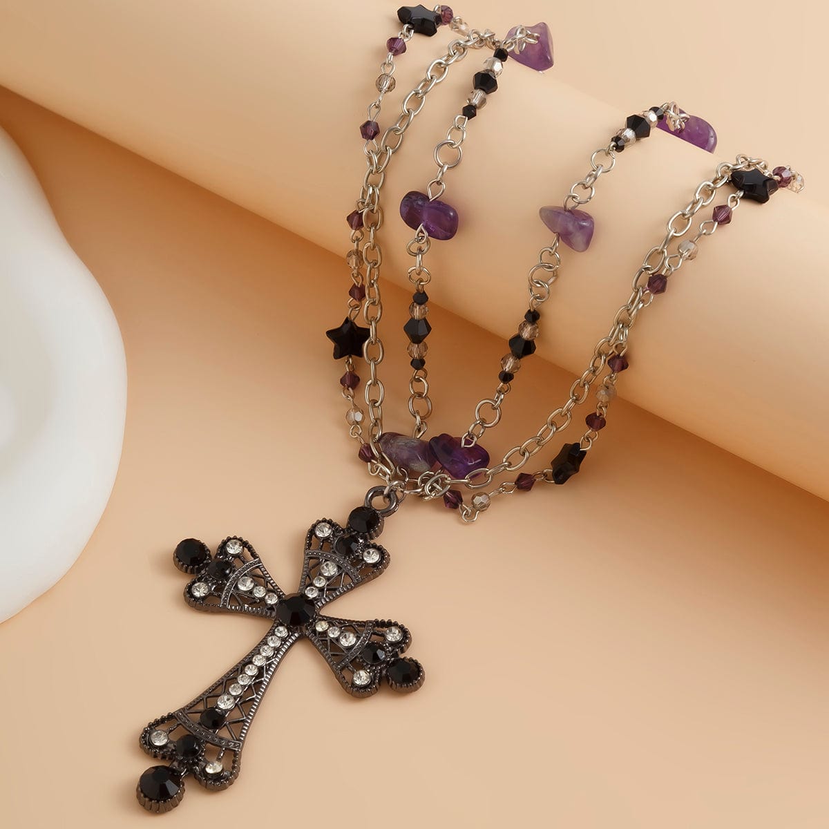 Gothic Layered Cross Pendant Star Crystal Chain Necklace - ArtGalleryZen