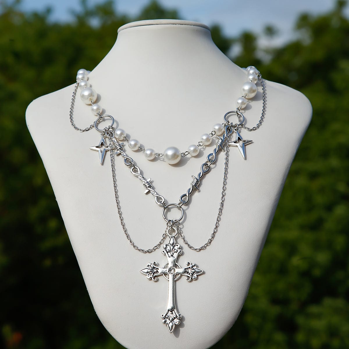 Gothic Layered Cross Star Pendant Pearl Chain Choker Necklace - ArtGalleryZen