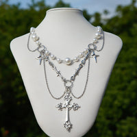 Thumbnail for Gothic Layered Cross Star Pendant Pearl Chain Choker Necklace - ArtGalleryZen