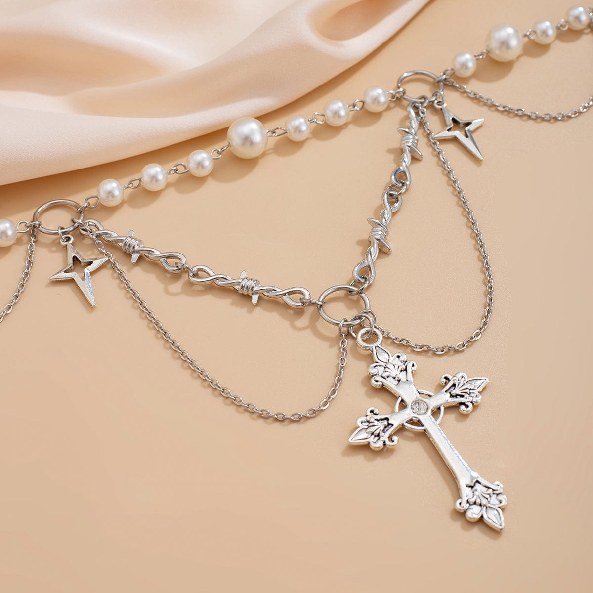 Gothic Layered Cross Star Pendant Pearl Chain Choker Necklace - ArtGalleryZen