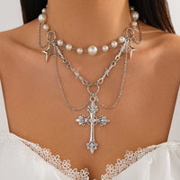 Thumbnail for Gothic Layered Cross Star Pendant Pearl Chain Choker Necklace - ArtGalleryZen