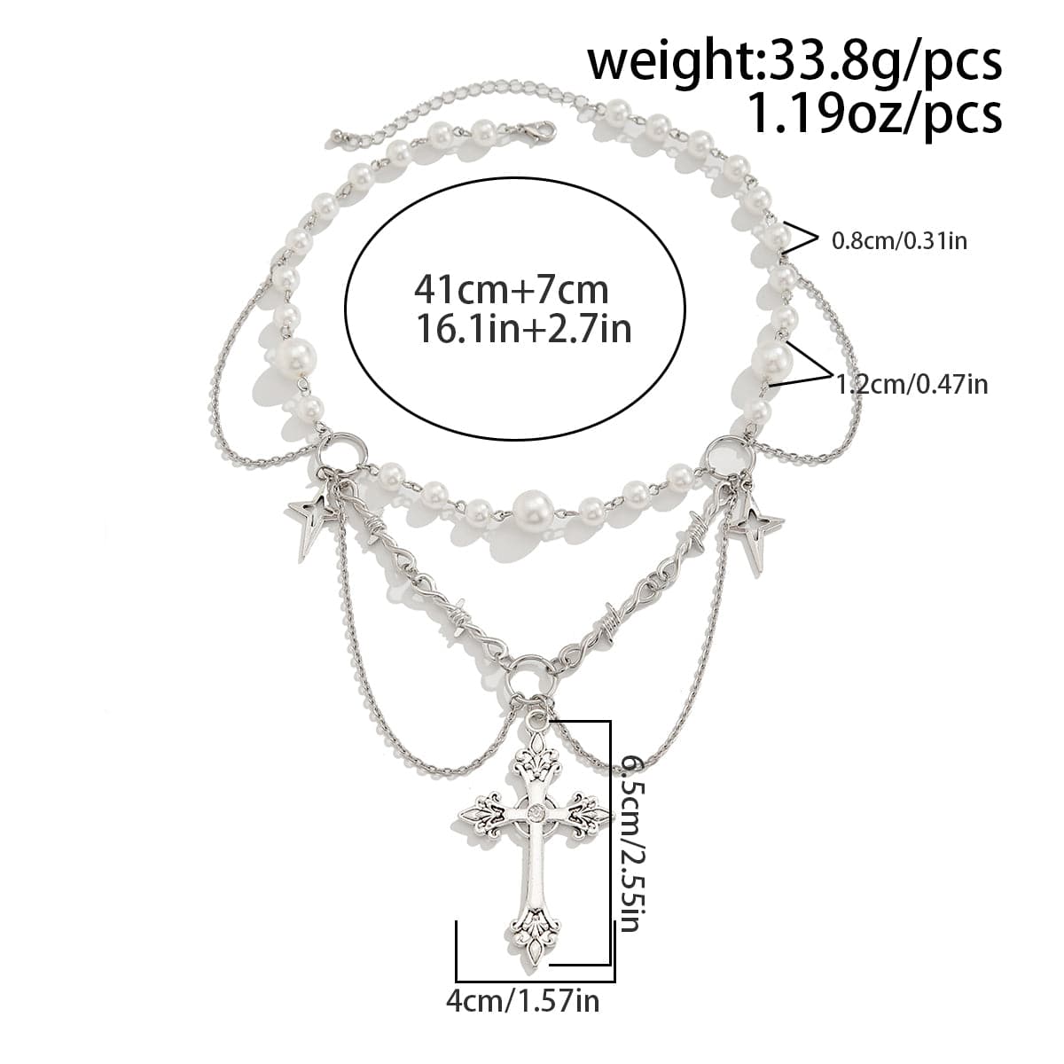 Gothic Layered Cross Star Pendant Pearl Chain Choker Necklace - ArtGalleryZen