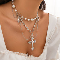 Thumbnail for Gothic Layered Cross Star Pendant Pearl Chain Choker Necklace - ArtGalleryZen