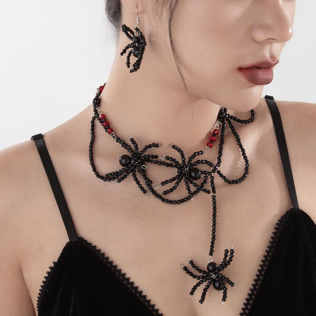 Gothic Layered Crystal Beaded Spider Necklace Earrings - ArtGalleryZen