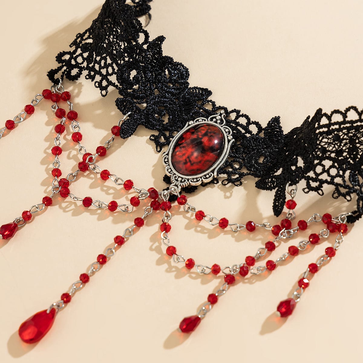 Gothic Layered Red Crystal Beaded Tassel Elastic Lace Thigh Leg Chain - ArtGalleryZen