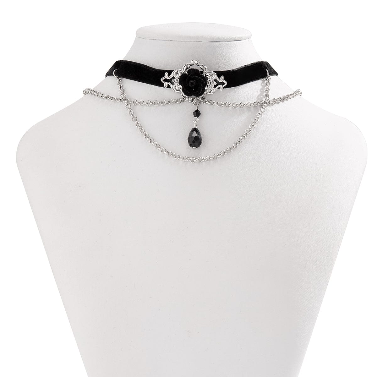 Gothic Layered Rose Rhinestone Pendant Choker Necklace - ArtGalleryZen