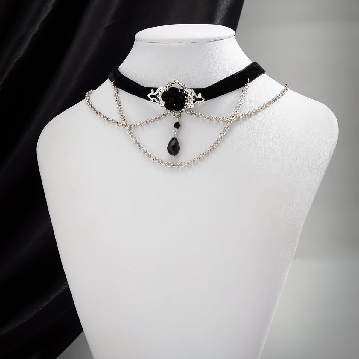 Gothic Layered Rose Rhinestone Pendant Choker Necklace - ArtGalleryZen